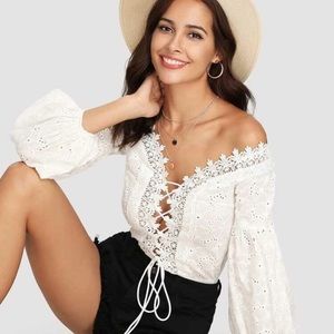 Lace Trim Plunging Eyelet Embroidered Bodysuit